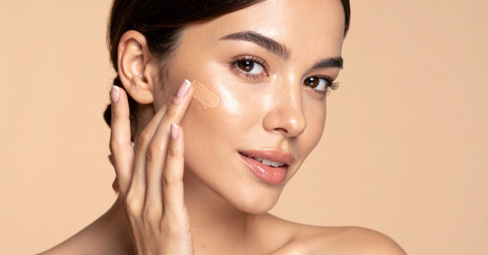 Close up of a woman with radiant skin applying facial cream on her cheek